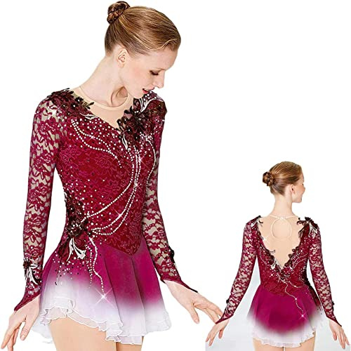 ZEDDG Abito da Pattinaggio Artistico per Ragazze e Donne, Body da Ginnastica Professionale, Costume da Gara Elasticizzato, Fatto a Mano, Rosso-S