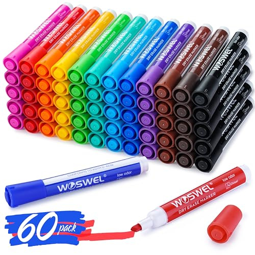 WOSWEL Dry Erase Markers, 60 Bulk Pack, 12 Assorted Colors Chisel Tip Whiteboard Markers, Chisel Point Low Odor Dry Erase Markers