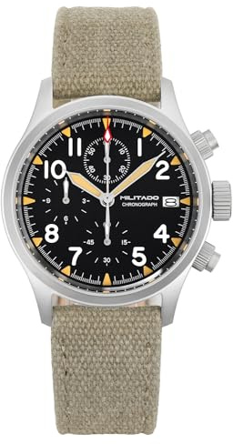 Militado ML1868 39mm Military Chronograph Watch Sapphire Crystal VK67 Quartz Watches for Men C3 Luminous with Calendar 100M Waterproof, Green Canvas Strap