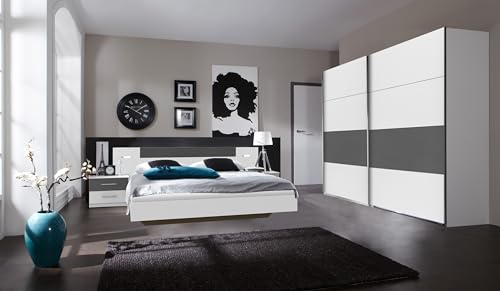 möbelando Komplettschlafzimmer >Angie< in Weiss + Graphit - 519x208x210cm (BxHxT)