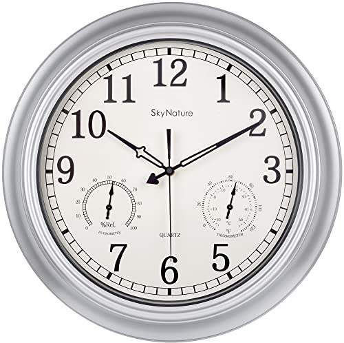 SkyNature Outdoor Wanduhr, Retro Wetterfest Gartenuhr Wanduhr mit Thermometer und Hygrometer, Leise Ohne TickgeräUsche Metall Wanduhr, Wasserdicht Wanduhr für Terrasse, Pool, Veranda - 45cm, Silber