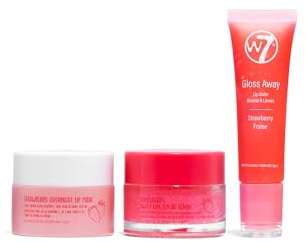 W7 Sweet Dreams Lip Care Trio - 3er-Set - Lippenmaske für die Nacht, Lippenbalsam & Lippenpeeling – Erdbeere