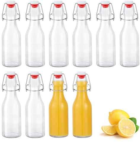 Zanfqvo Set da 10 Bottiglie Costolata in Vetro con Tappo Ermetico, 250ml Bottiglie riutilizzabili a Chiusura ermetica, contenitori in vetro per Bevande Fatte in Casa, Birra, Liquori, Succhi, Olio