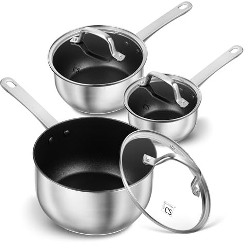 KOCH SYSTEME CS Stainless Steel Saucepan Set, 1QT & 2QT & 3QT Stainless Steel Sauce Pan with Nonstick Coating, Induticon Sauce Pan Sets with Lids, Easy to Clean, Oven Safe