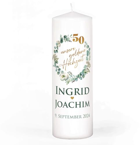 Herz & Heim® Kerze zur Goldenen Hochzeit, 4 Motive mit Eukalyptus zur Wahl, personalisiert mit Namen & Datum (Motiv 2)