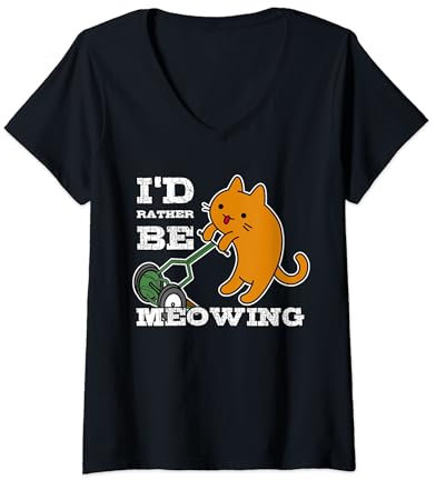 Womens Cartoon Cat, Reel Mower, I'd Rather Be Meowing, Mowing Pun V-Neck T-Shirt