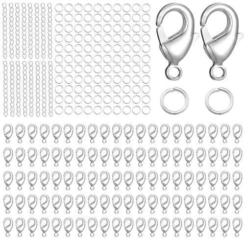 Kettenverschluss Set, 500 Stücks Verschluss Armband Set, Schmuckverschluss, Offene Biegeringe 7*5mm, Verlängerungsketten 50mm, Karabinerverschlüsse 12mm, Ketten Verschlüsse für DIY Schmuckherstellung