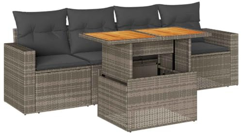 vidaXL 5-TLG. Garten-Sofagarnitur mit Kissen Grau Poly Rattan, Outdoor Sofagarnitur, Gartensofa Set, Lounge Set, Sofagarnitur Terrasse