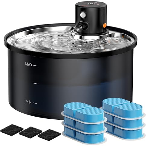 Battery Operated Cat Water Fountain: Wireless Pet Fountain - 108oz/3.2L Cordless Cat Dispenser with Motion Sensor Rechargeable Automatic Drinking Fountains for Cats - with 6 Filters + 3 Foam Filters