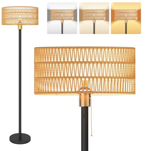 LGMCF Kabellose Stehlampe Wohnzimmer, 5200mAh Wiederaufladbar Rattan Stehlampen Vintage mit 9W Glühbirne, 3 Farbtemperaturen akkubetriebene Bogenlampe Stehlampe Boho für Wohnzimmer Schlafzimmer Büro