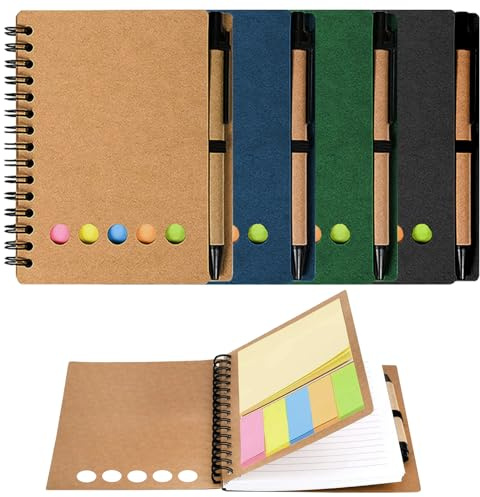 UZSUZZ Cuadernos en Espiral 4 Cuadernos de Notas/Diario en Espiral Kraft Papel cuaderno de Notas de Portada de Papel Kraft con Bolígrafo y Notas Adhesivas y Marcadores de Página de Índice de Colores