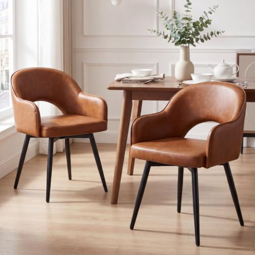 Ya-Home Lot de 2 Chaise de Salle à Manger en Cuir PU Chaise de Cuisine Pivotante avec Accoudoirs Chaise à Manger pour Cuisine/Salle de Séjour, Marron