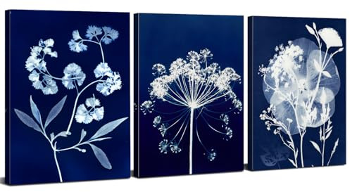 White Flower Wall Art Minimalist Floral Wall Decor Abstract Navy Blue Botanical Canvas Pictures Farmhouse Wildflower Paintings Nature Artwork for Living Room Bedroom Bathroom Decorations 30x40cm 3Pcs