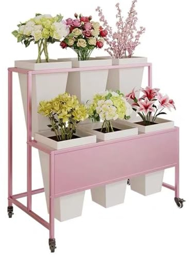 Metal Plant Stand with 6 Buckets 2Tier Rolling Flower Cart for Indoor & Outdoor Pink Flower Rack for Patio Garden & Living Room Decor