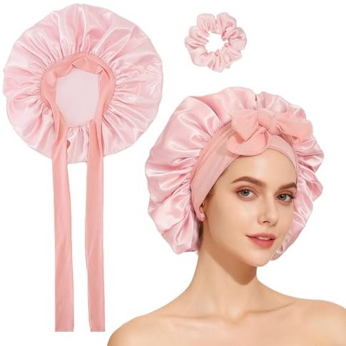 YAWYO Gorro de Seda para Dormir, Gorro Nocturno de satén con Banda elástica, para protección del Cabello Largo, Liso o Rizado, con coletero, para Mujeres y niñas (Rosa Coral)