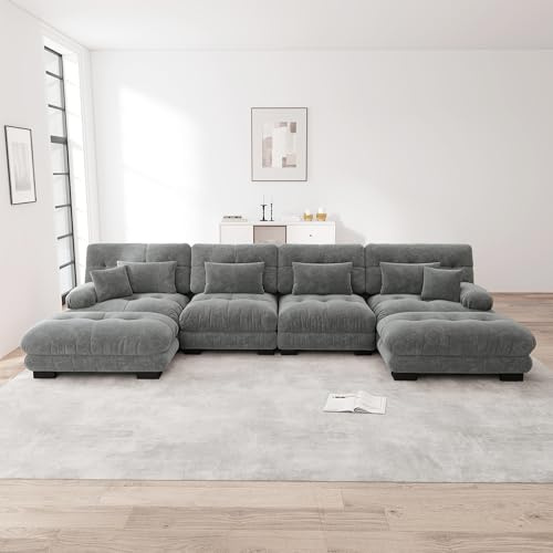 Lubvtti Comodo divano a forma di nuvola a 4 posti, divano angolare modulare, Divano a U/L per ad angolo del soggiorno con 2 poggiapiedi rimovibile, combinazione fai da te,Tessuto ciniglia, Grigio
