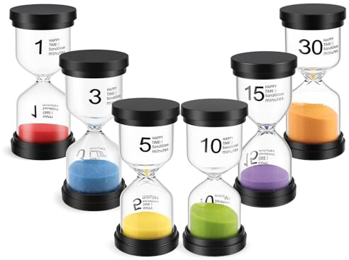 Reloj de Arena para niños, Set de 6 temporizadores 1/3/5/10/15/30 Minutos en Colores Surtidos, Reloj Arena Educativo para Juegos, Estudio y Cepillado de Dientes