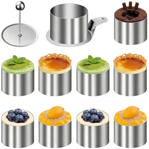 Generico 12 Pezzi Set Piccoli Anelli per Torte, Coppapasta Tondi con Pressa e Base, Anelli da Dessert, Anello per Torte da 8cm in Acciaio Inossidabile per Mousse Dolci Tortes