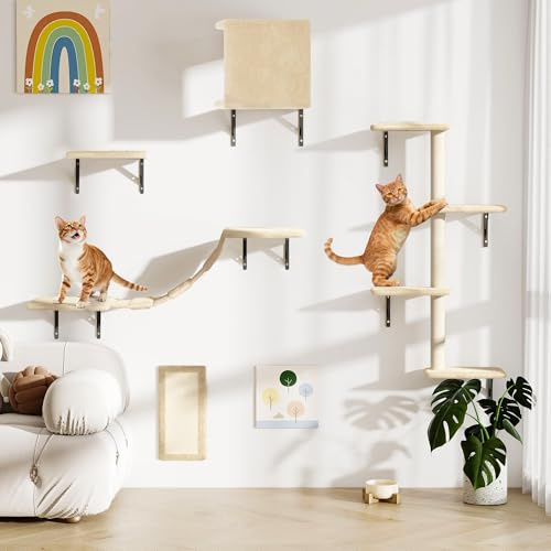Furpal Mur d'escalade pour chat - 5 pièces - Mur mural pour chat d'appartement, avec maison pour chat, pont pour chat, colonne à gratter et griffoir - Peu encombrant - Beige
