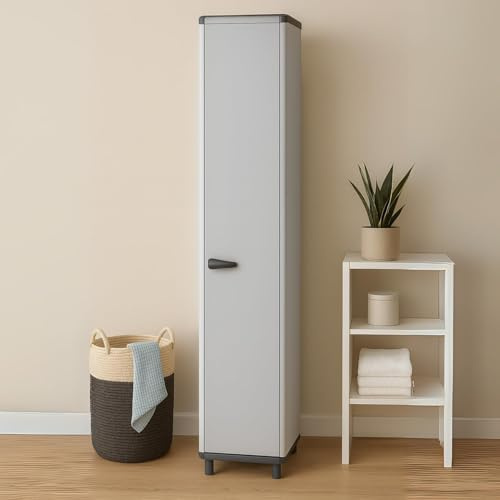 PALUPLUS Ripostiglio 1 Anta in Resina, Misura 39x39x176 cm, Armadio Alto di colore Grigio con 5 Ripiani Multiuso, Mobile da esterno con piedini antiscivolo, Made in Italy -012F