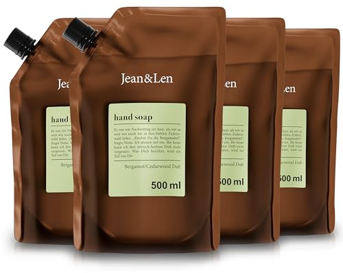 Jean & Len handtvål med bergamott och cederträ i påfyllningsförpackning, rengör slitna händer, lämplig för daglig användning, uppfriskande citrusdoft, veganskt set med flytande tvål, 4 x 500 ml