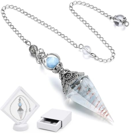 UZYXC 1 Pièce Pendule Aigue-marine, Pendule En Résine Aigue-marine Cristal, Avec Boîte De Rangement Blanche, Pierre De Guérison Pour Ésotérisme, Reiki, Voyance, Méditation, Cadeau, 23cm