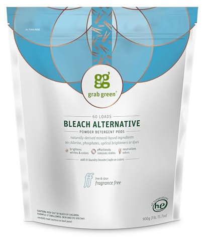 Grab Green Bleach Alternative Pods, 60 Count, Chlorine Free, Fragrance Free, Plant and Mineral Based, Laundry Booster to Brighten Whites, Removes Stains, Neutralizes Odors