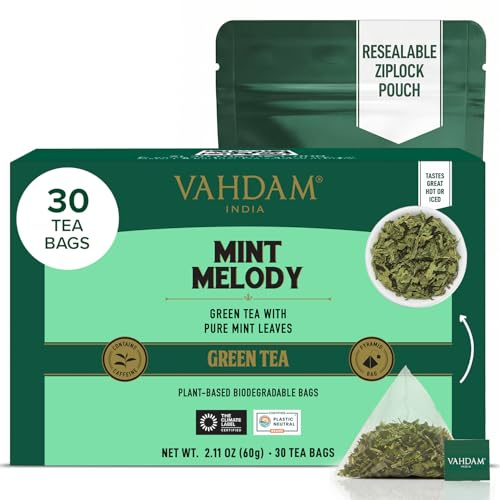 VAHDAM, Mint Melody Té Verde (30 Piramidales Bolsitas De Té) 100% Natural De Menta Y Hojas De Menta | Envasado Fresco En La India | Caliente, Frío O Como Kombucha