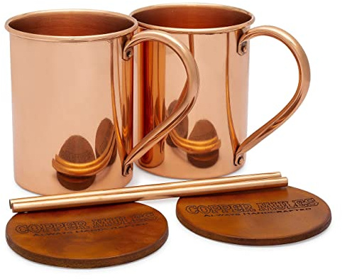 Copper Mules PURE Copper Mugs Set of 2 - Handcrafted of 100% THICK Copper - Straight Smooth Finish - EasyCare Interior - Riveted Handle - Holds 16 ounces