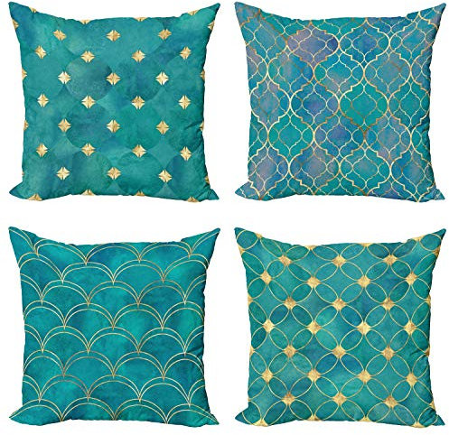 ABAKUHAUS Abstrakt Dekokissen Kissenbezug 4 er Pack, Aquarell Oriental Squama, Modern Accent Doppelseitiger Digitaldruck, 60 x 60 cm, Ceil Blau
