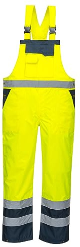 Portwest S488 Waterproof Bib and Brace Overalls Hi Vis Mens Waterproof Work Trousers Overtrousers Rain Dungarees Reflective Utility Pockets, Yellow/Navy, XS