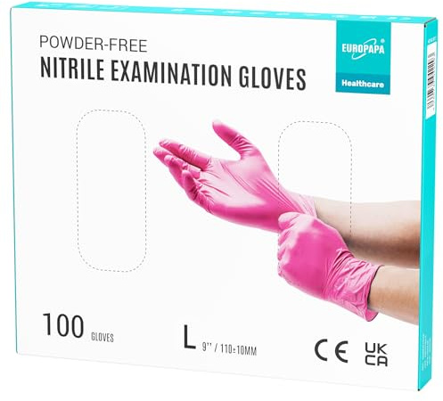 EUROPAPA® Lot de 100 gants jetables en nitrile - Non poudrés - Sans latex - Non stériles - Sans latex - Taille L - Rose