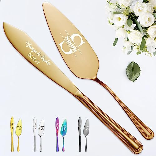 STREADVE Juego de cuchillos y servidor para tartas de boda grabados, utensilios personalizados para cortar pasteles para novia, novio, cortador personalizado, regalo de cumpleaños de quinceañera,