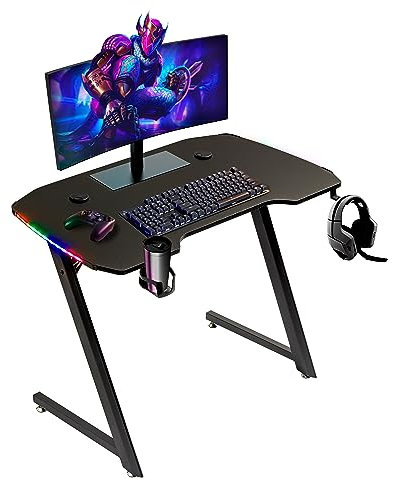 Baroni Home 100x60 x73 cm Bureau Gamer avec LED Multicolores, Table pour Ordinateur avec Porte Verre et Crochet pour Casque, Table Jeu pour PC Ergonomique en MDF et Acier, Bureau Support Moniteur