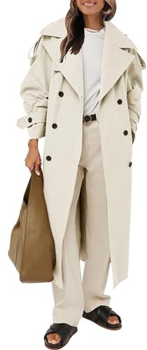 Farktop Womens Oversized Long Trench Coat Double Breasted Lapel Windproof Overcoat with Belt