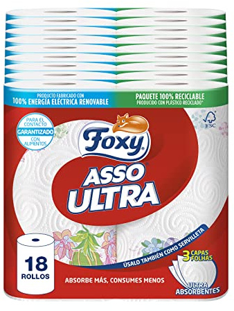 Foxy Asso Ultra Carta Cucina, 18 rotoli, 3 strati Assorbenti, con design, Certificazione FSC, Energia elettrica rinnovabile, confezione riciclabile prodotta con plastica riciclata