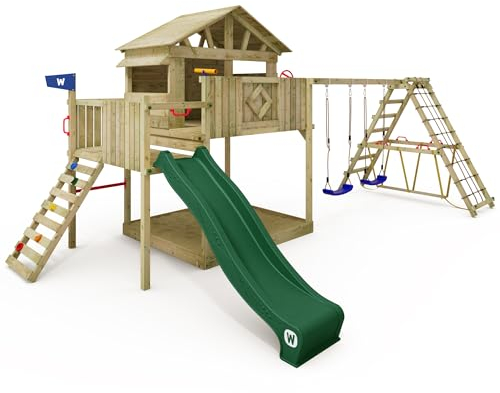 WICKEY Spielturm Klettergerüst Smart Fjord mit Schaukel & Grüner Rutsche, Outdoor Kinder Kletterturm mit Sandkasten, Leiter & Spiel-Zubehör für den Garten
