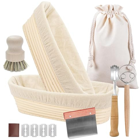 Vehoukli Set Cestini da Lievitazione Ovale 25 cm - 2 Cestini da Lievitazione per Cuocere Il Pane - Set per Lievitazione Madre con Cestello da Lievitazione, Inserto in Lino, Coltello da Pasta