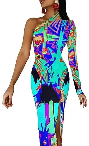 Vestido largo de verano con diseño de calavera trippy neón para mujer, vestido largo de media manga, vestido de noche ajustado con abertura, Estilo-7, M