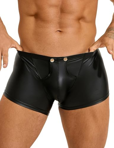 Sexiga boxershorts för män med öppning, PU-läder, underkläder med påse, stora storlekar, kalsonger med knappar, Sissy-underkläder för män, sexiga underkläder, erotiska shorts, trosor, elasticitet