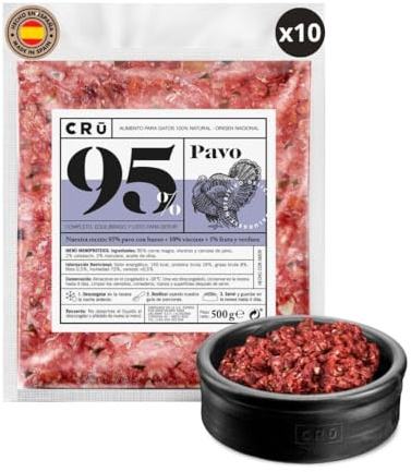 CRU - Comida para Gatos Cruda y Natural de Pavo - Dieta Barf para Gatos Junior y Adultos - Comida Congelada para 1 Mes - 10 Paquetes de 500g. (10 Paquetes, Pavo)