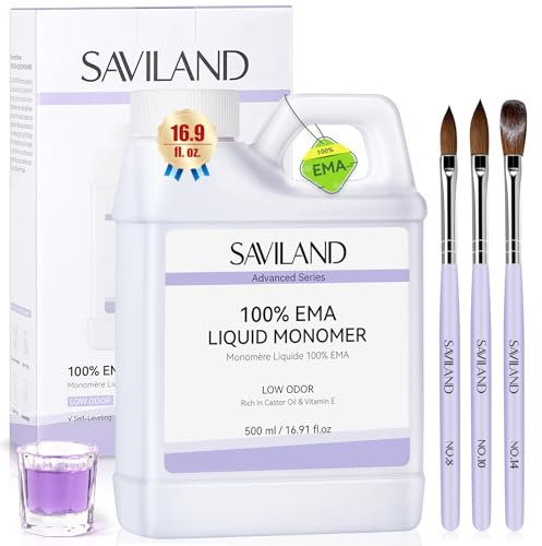 SAVILAND Kit Advanced Monomer Acrylique Liquide pour Ongles: 500ml EMA Low Odor Liquide Acrylique pour Poudre Acrylique avec 3 Pinceaux à Ongles Acryliques pour Extension et Sculpture