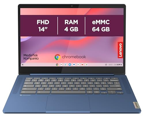 Lenovo IdeaPad Slim 3 Chromebook 14M868 - Ordinateur Portable 14'' FHD (MediaTek Kompanio 520, RAM 4Go, SSD 64Go, Arm Mali-G52 2EE MC2 GPU, Chrome OS) Clavier AZERTY Français - Bleu