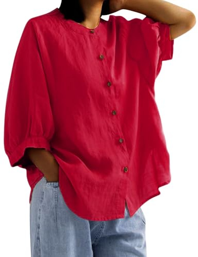 Cotton Linen Shirts for Women Lantern 3/4 Sleeve Tunic Tops Loose Dolman Blouse Casual Summer Solid Color Tee Clothes Camisa De Algodon para Mujer(Red, XL)