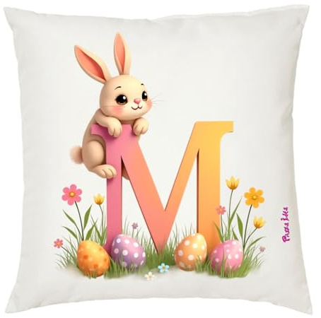Cuscino personalizzato lettera iniziale nome - design pasquale coniglio coniglietto - regalo Pasqua uomo donna - collezione dalla A alla Z (m)