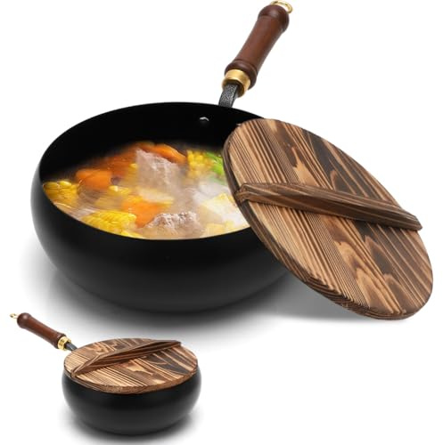 Wapasezyar Sartén de hierro forjada sin revestimiento, sartén de hierro de 28 cm, antiadherente, olla de hierro forjado a mano con función de almacenamiento de calor, sartén grande, para cocina de gas