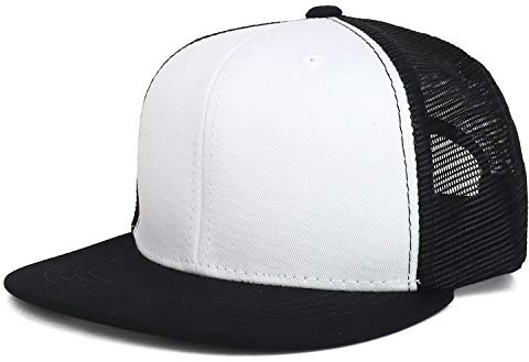 Youth Stylish Flat Bill Structured Mesh Back Snapback Trucker Cap - White Black