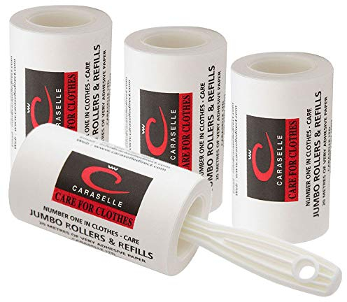 Caraselle Jumbo Lint Rollers - Versatile Sticky Lint Roller for Pet Hair, Debris used on Clothes, Furniture, & Carpet - Portable Lint Removers with Handle (1 Jumbo Roller + 3 refills) 20m long