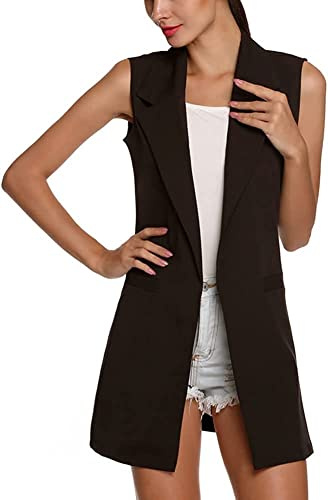 Lazutom Chaqueta sin mangas para mujer, chaleco de traje largo, cárdigan frontal abierto, Negro, 40