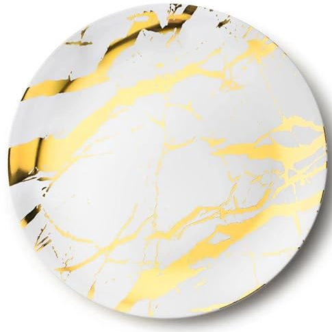 Decorline - Plateau de Service - Lot de 4 - Plats à Servir en Marbre en Plastique Réutilisable Robuste, Plateaux Traiteur de présentation/décoration pour de Fête Buffet - Rond Ø 40 cm - Blanc/Or